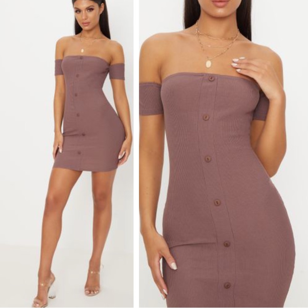 Dark Mauve Ribbed Button Bardot Bodycon Dress